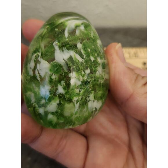 2 Hand‎ Blown Round Glass Paperweight with Yellow Orange Flowers Green Egg - Picture 11 of 13